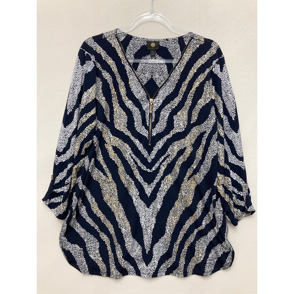 JM Collection Blouse XL Navy Blue Zebra Print Gold Zip 3/4 Sleeve Stretch Knit